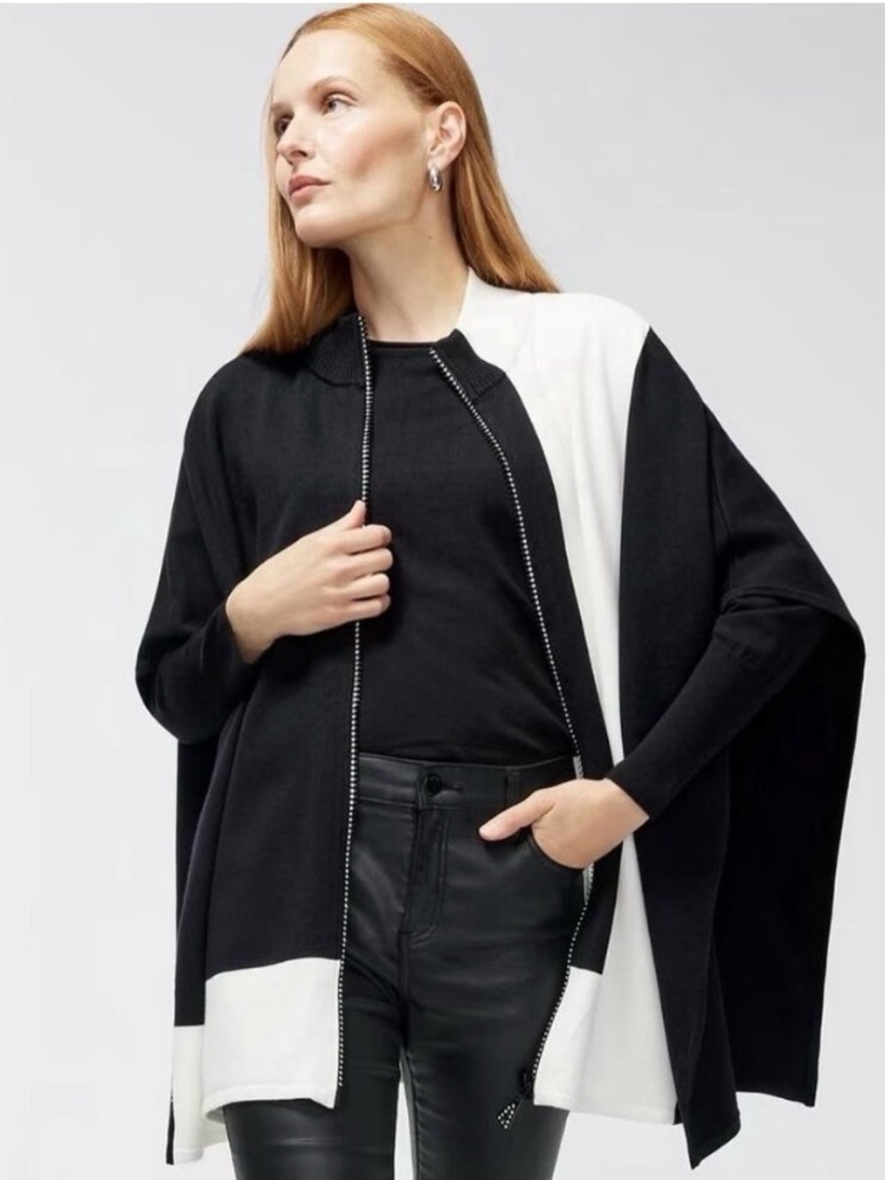 NWT CHICO’S Black White Colorblock Rhinestone Zip Ruana Poncho Sweater S/M - Picture 2 of 10
